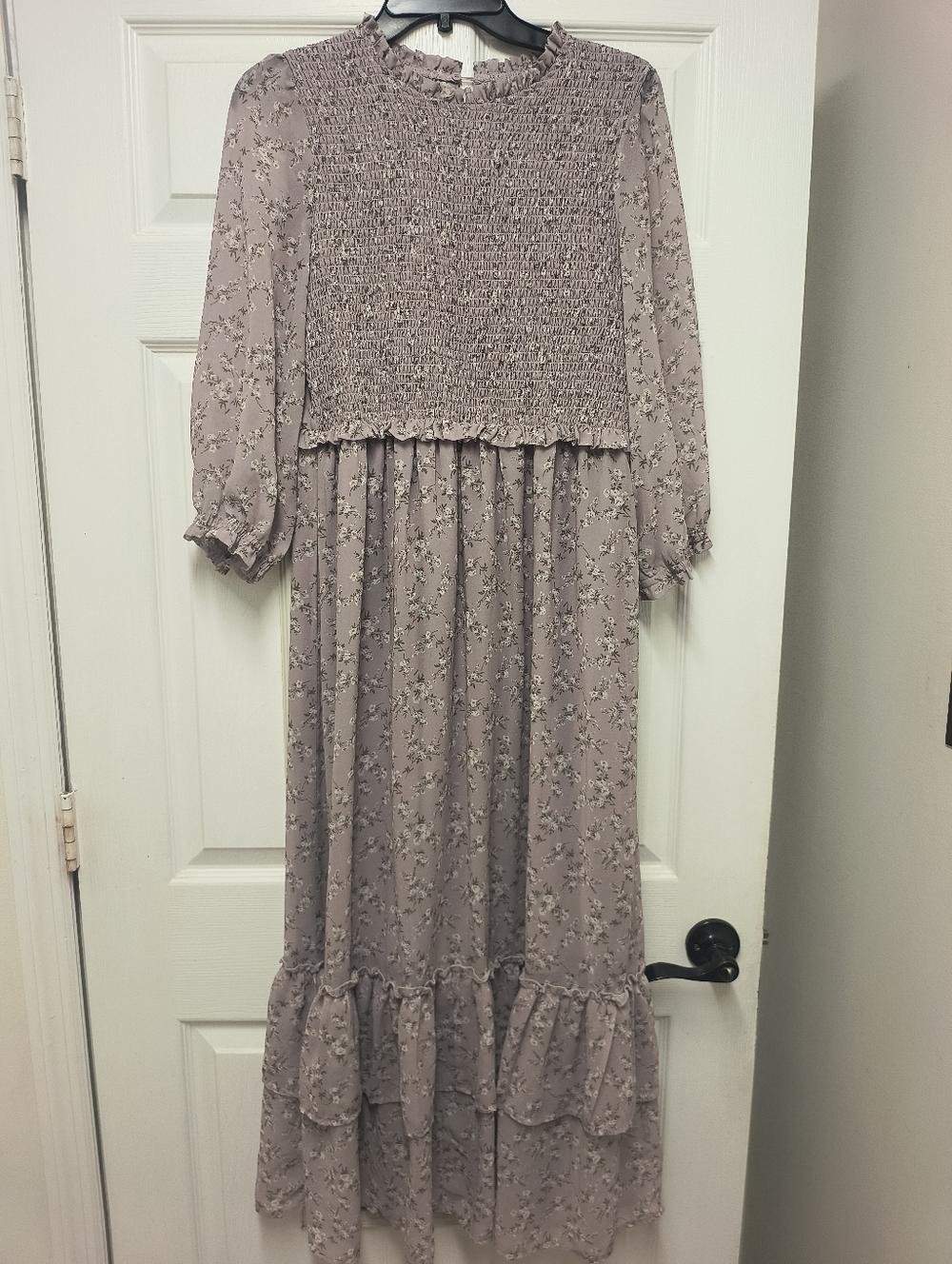 Women’s Mauve Floral Midi Dress with Smocked Bodice